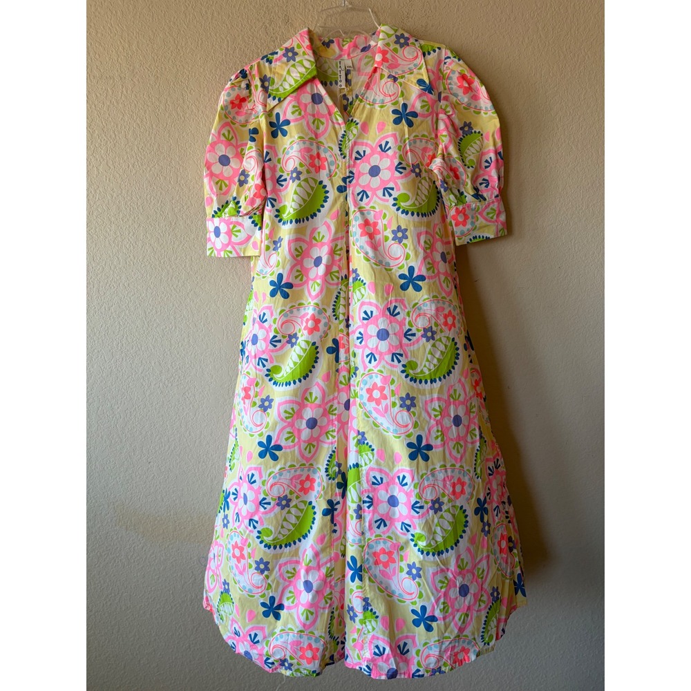 Tattoo Floral Paisley Puff Sleeve Midi Dress Pink Green Blue XXL (Fits Large)